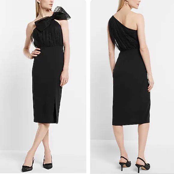 Express Black Mesh Polka Dot One Shoulder Bow Midi Sheath Dress size M - Picture 14 of 14